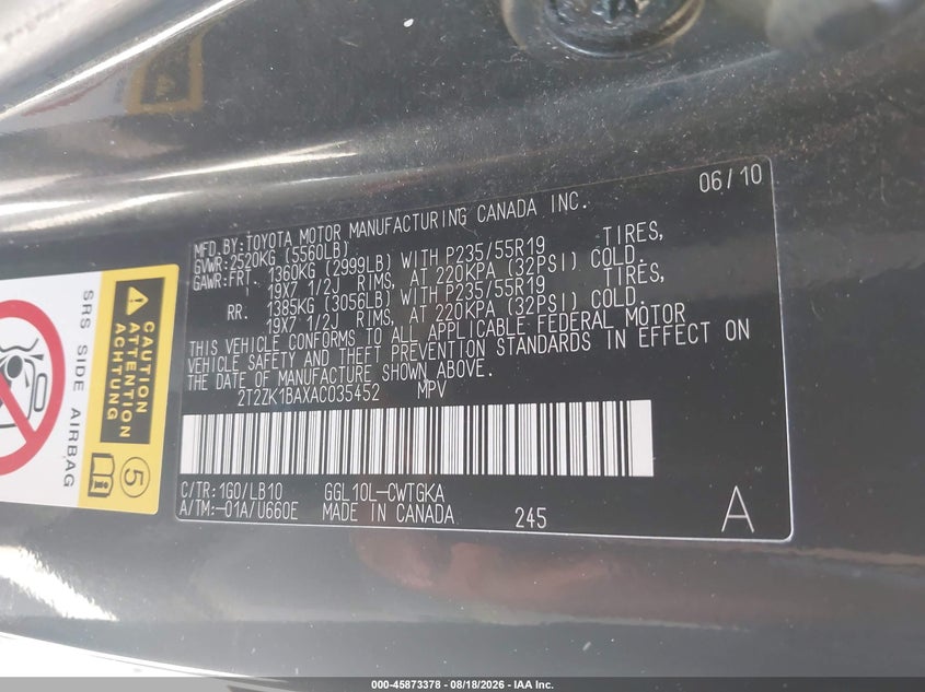 2010 LEXUS RX SPORT UTILITY VEHICLE 3.5L V-6 DOHC, VVT, 275HP