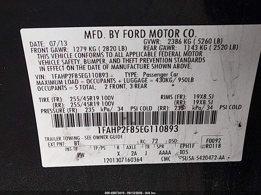 FORD TAURUS 2014 VIN 1FAHP2F85EG110893