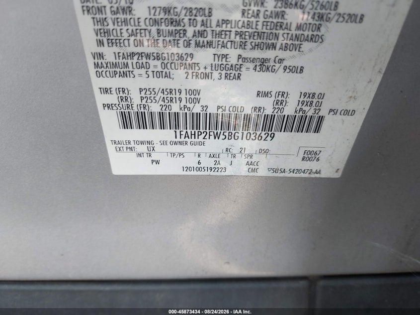 FORD TAURUS 2011 VIN 1FAHP2FW5BG103629