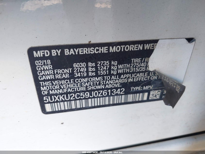 BMW X6 2018 VIN 5UXKU2C59J0Z61342