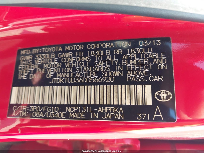 TOYOTA YARIS 2013 VIN JTDKTUD36DD566920