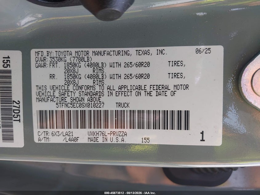 TOYOTA TUNDRA HYBRID 2025 VIN 5TFNC5EC0SX010227
