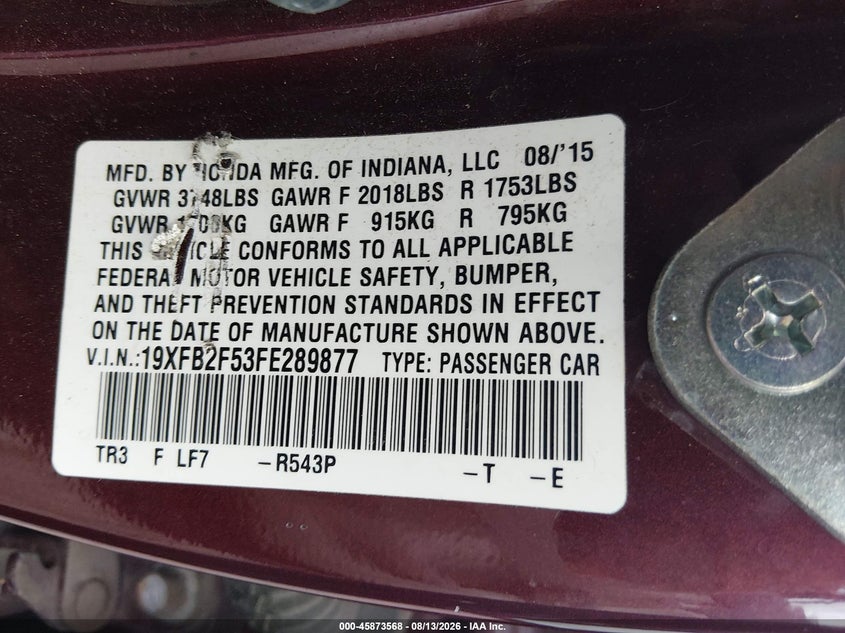 2015 HONDA CIVIC SEDAN 1.8L I-4 VVT, REGULAR , 143HP