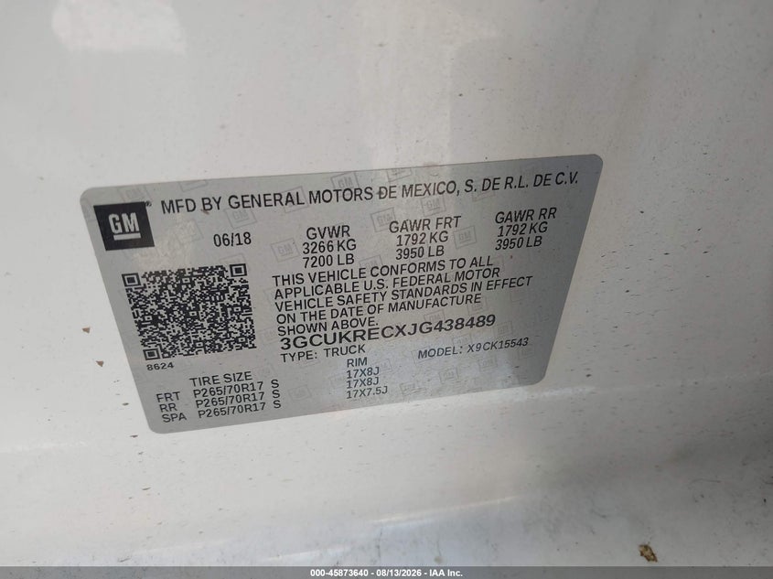 CHEVROLET SILVERADO 1500 2018 VIN 3GCUKRECXJG438489