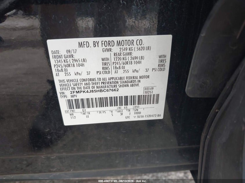 FORD EDGE 2017 VIN 2FMPK4J85HBC67662