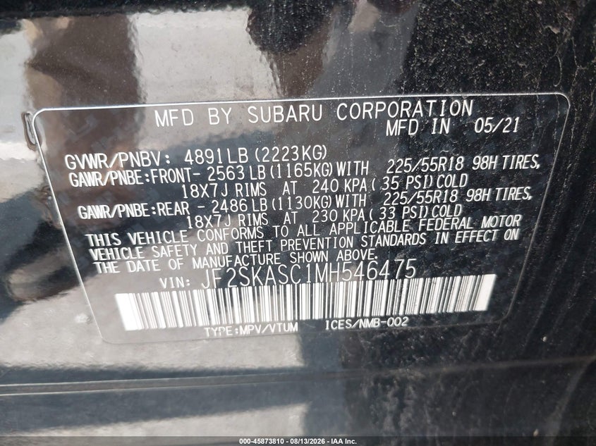 SUBARU FORESTER 2021 VIN JF2SKASC1MH546475