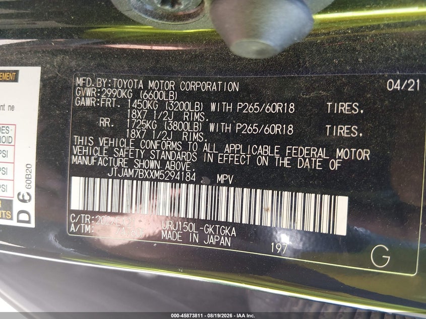 LEXUS GX 460 2021 VIN JTJAM7BXXM5294184