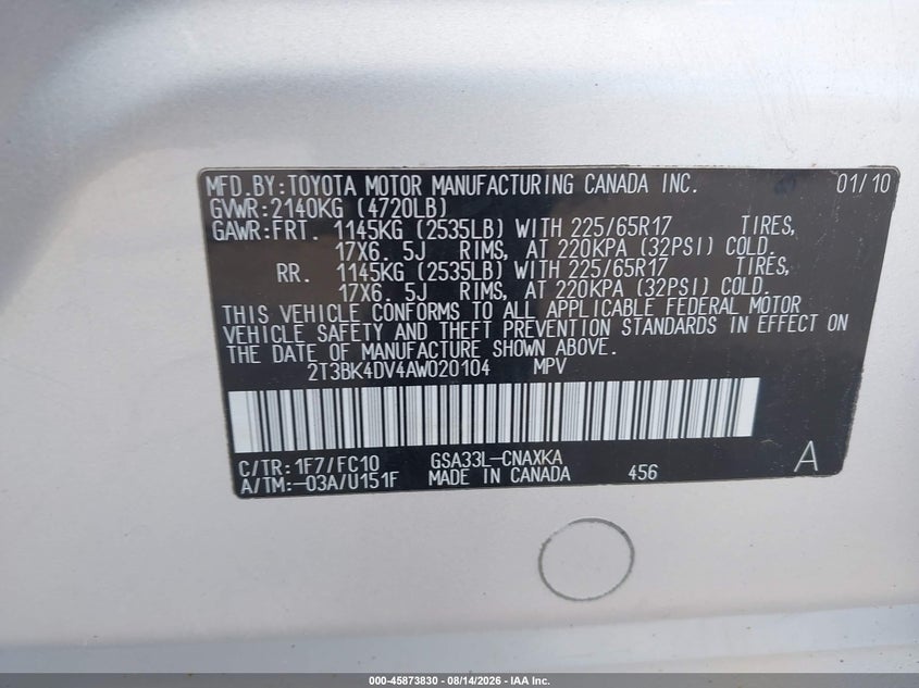 TOYOTA RAV4 2010 VIN 2T3BK4DV4AW020104