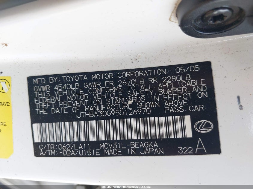 LEXUS ES 330 2005 VIN JTHBA30G955126970