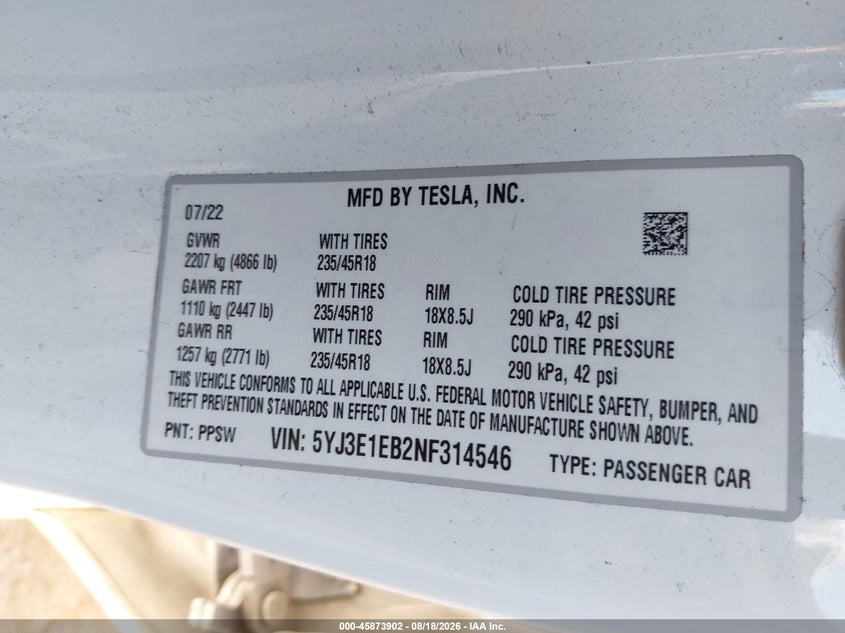 2022 TESLA MODEL 3 SEDAN ELECTRIC