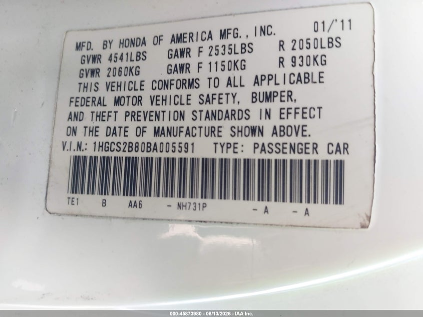 2011 HONDA ACCORD COUPE 3.5L V-6 VVT, 271HP