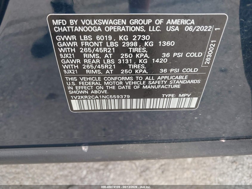 VOLKSWAGEN ATLAS 2022 VIN 1V2KR2CA1NC559379