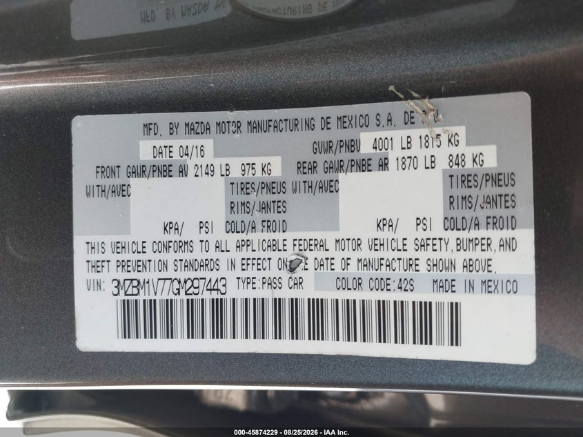 MAZDA MAZDA3 2016 VIN 3MZBM1V77GM297443