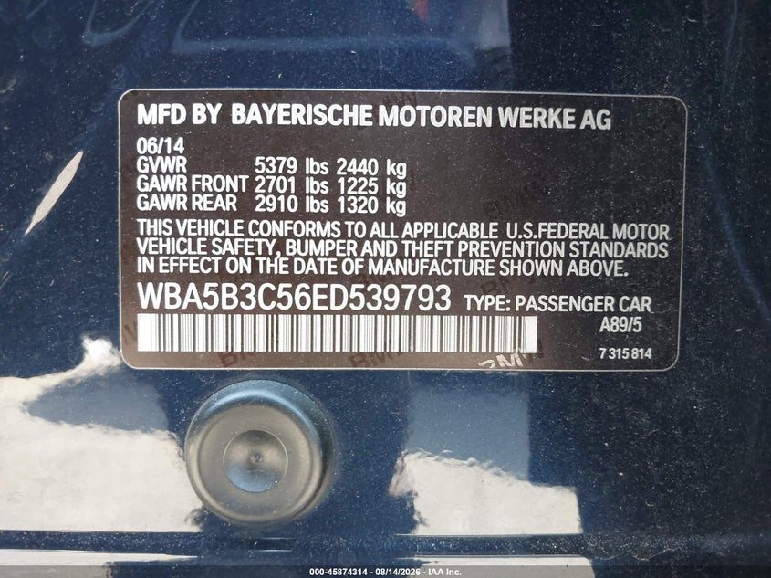 BMW 535I 2014 VIN WBA5B3C56ED539793