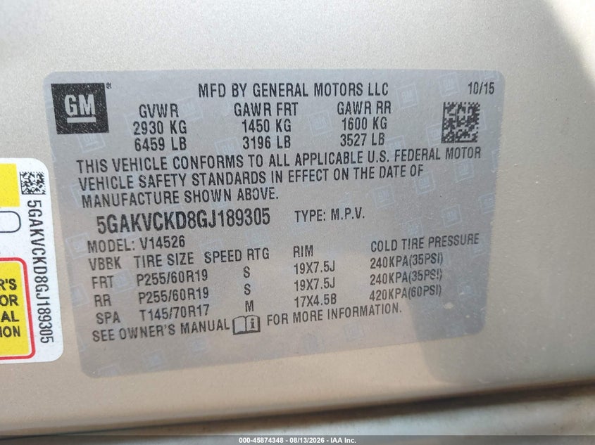 BUICK ENCLAVE 2016 VIN 5GAKVCKD8GJ189305