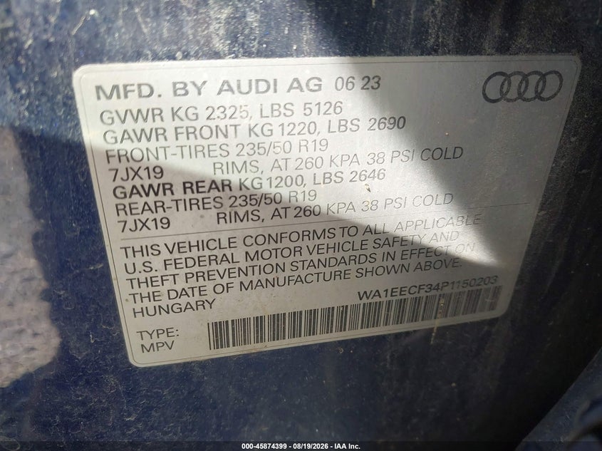 AUDI Q3 2023 VIN WA1EECF34P1150203