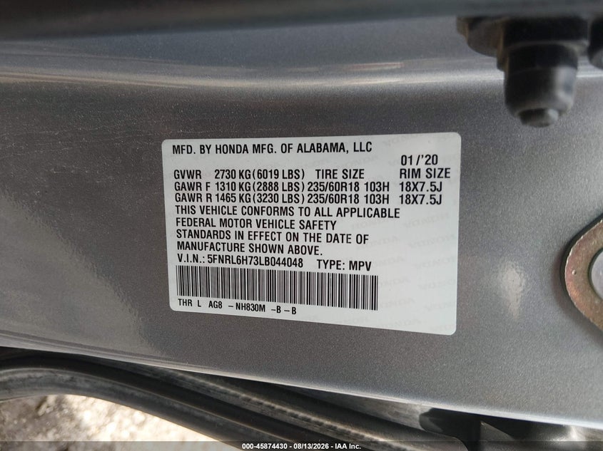 HONDA ODYSSEY 2020 VIN 5FNRL6H73LB044048