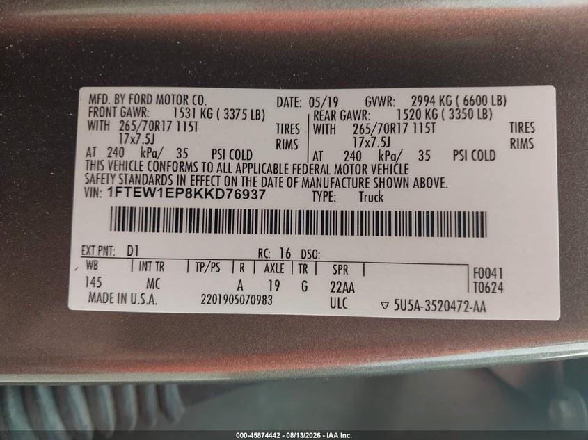 2019 FORD F-150 PICKUP 2.7L V6 FI DOHC 24V NF4