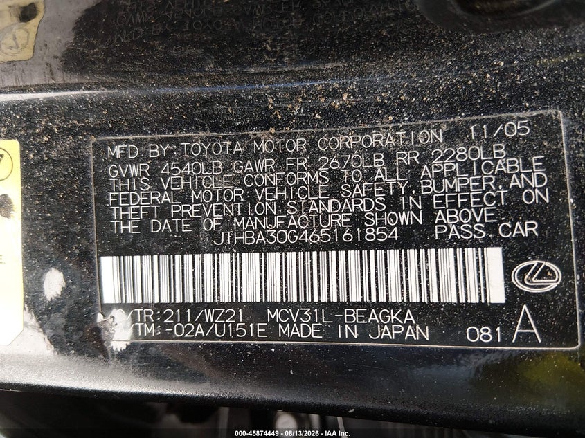 LEXUS ES 330 2006 VIN JTHBA30G465161854