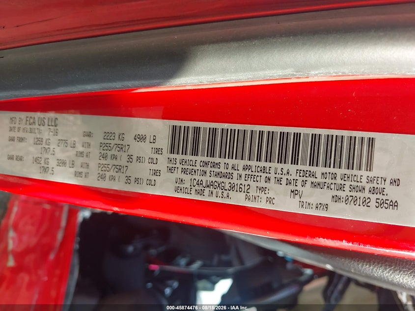 JEEP WRANGLER 2016 VIN 1C4AJWAGXGL301612