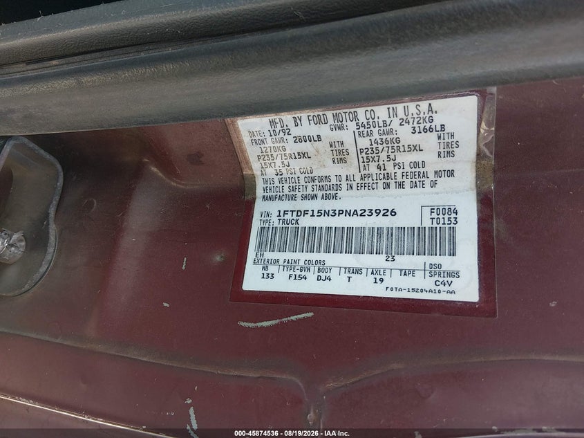 FORD F150 1993 VIN 1FTDF15N3PNA23926
