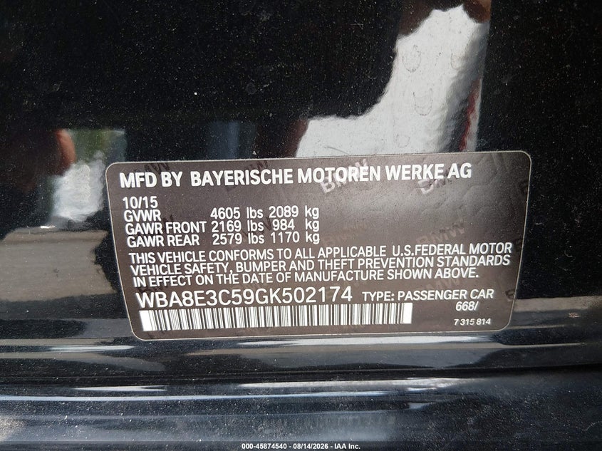 BMW 328I 2016 VIN WBA8E3C59GK502174