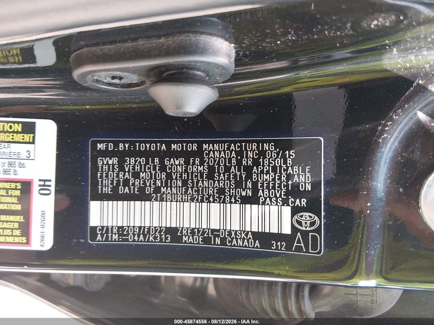 TOYOTA COROLLA 2015 VIN 2T1BURHE2FC457845