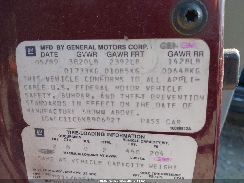 BUICK REATTA 1989 VIN 1G4EC11C6KB906927