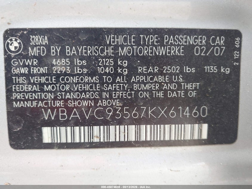 2007 BMW 3ER SEDAN 3.0L I-6 DOHC, VVT, 230HP