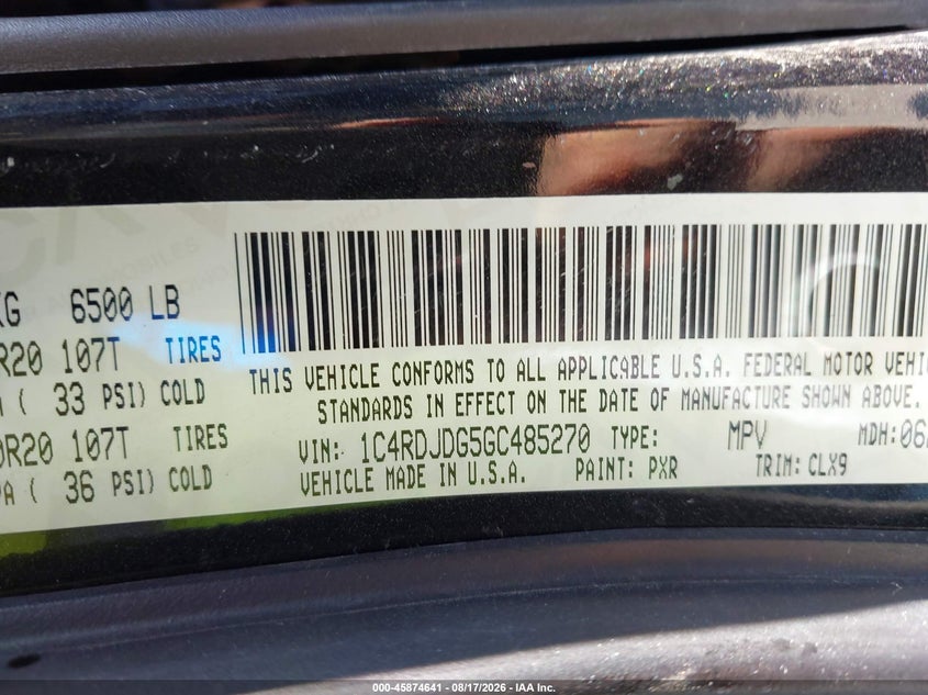 DODGE DURANGO 2016 VIN 1C4RDJDG5GC485270