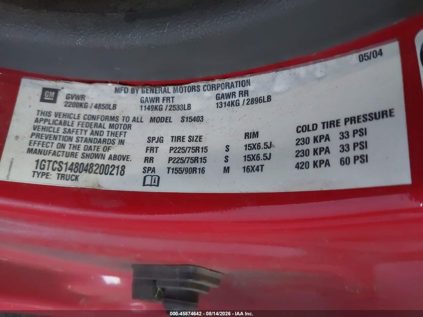 2004 GMC CANYON TRUCK 2.8L I-4 DOHC, VVT, 175HP