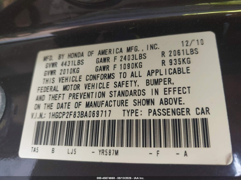 2011 HONDA ACCORD SEDAN 2.4L I-4 DOHC, VVT, 190HP