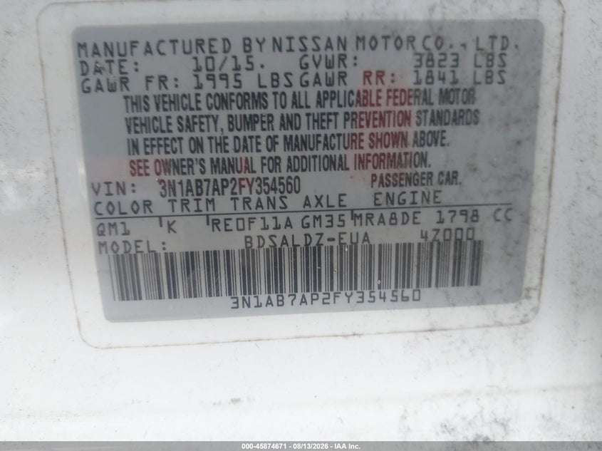 NISSAN SENTRA 2015 VIN 3N1AB7AP2FY354560