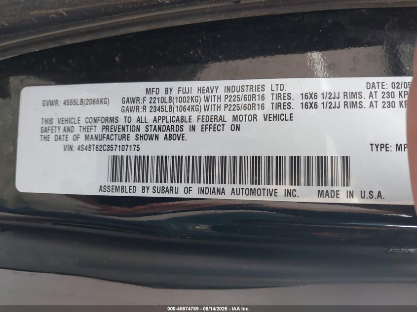 SUBARU BAJA 2005 VIN 4S4BT62C357107175