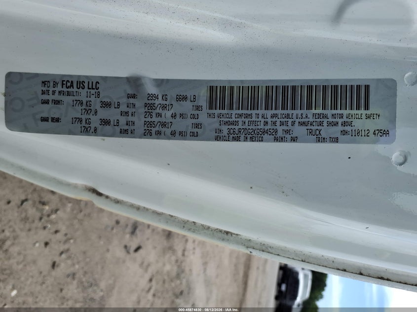 RAM 1500 CLASSIC 2019 VIN 3C6JR7DG2KG504520