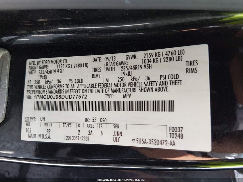 2013 FORD ESCAPE SPORT UTILITY VEHICLE 2.0L I-4 DI, DOHC, VVT, TURBO, 231HP