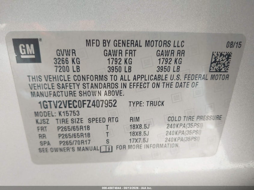 GMC SIERRA 1500 2015 VIN 1GTV2VEC0FZ407952