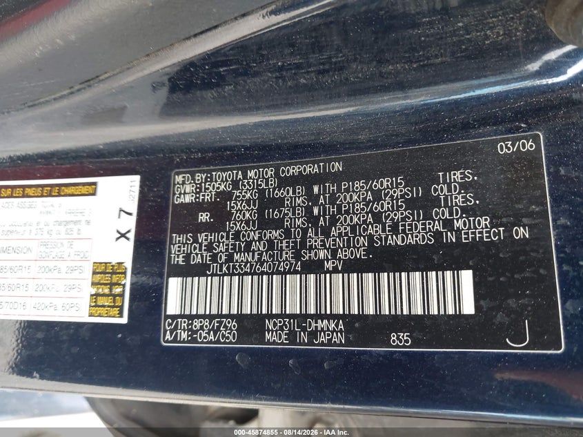 SCION XB 2006 VIN JTLKT334764074974