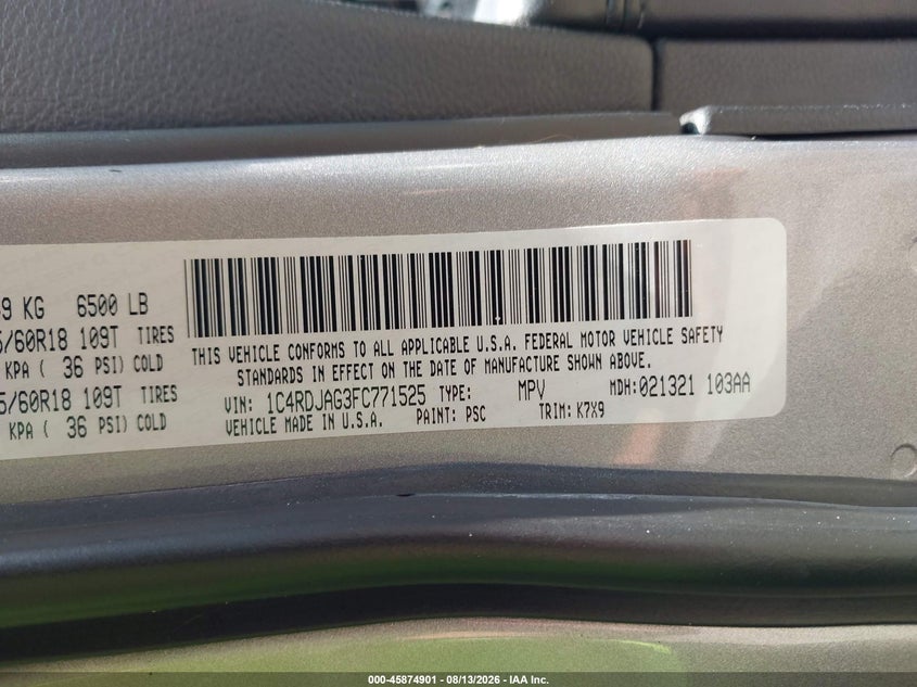 DODGE DURANGO 2015 VIN 1C4RDJAG3FC771525
