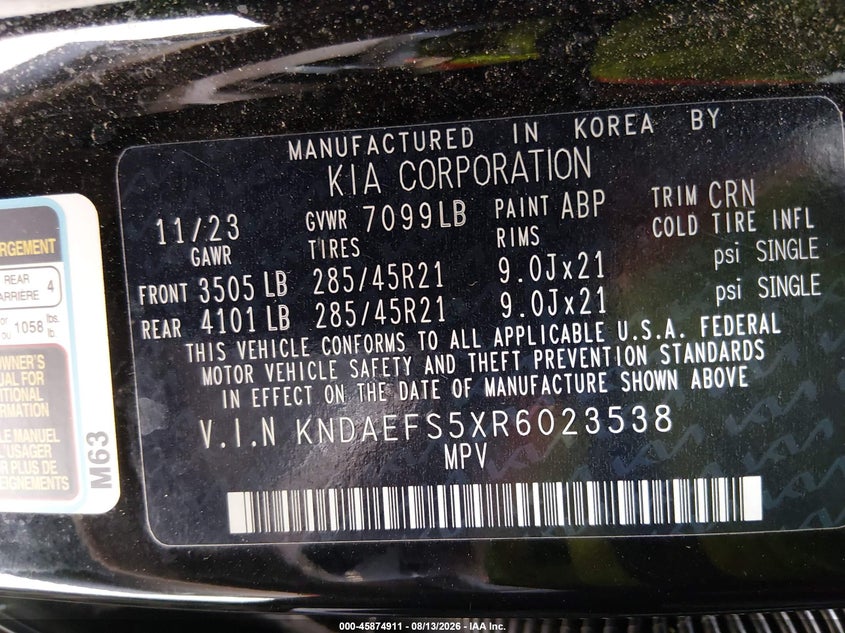 KIA EV9 2024 VIN KNDAEFS5XR6023538