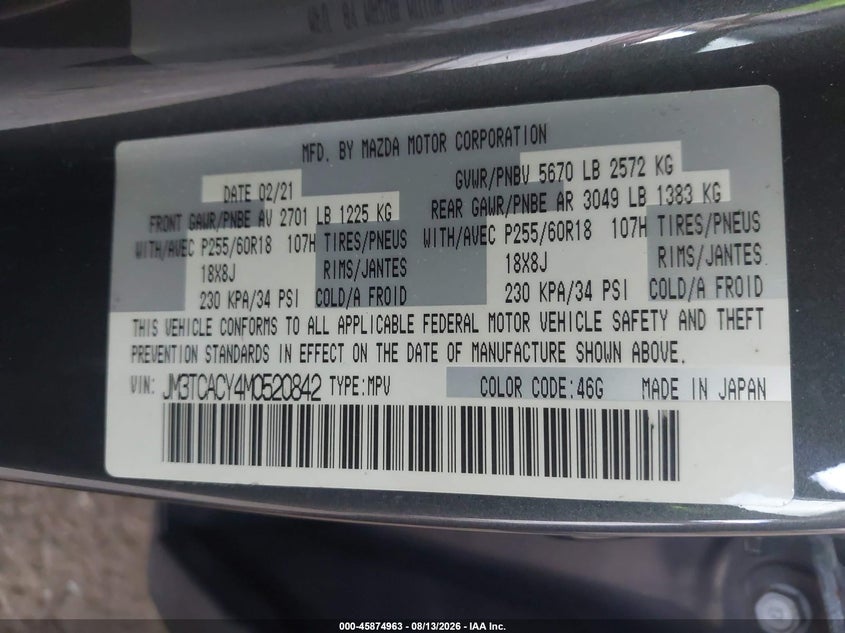 MAZDA CX-9 2021 VIN JM3TCACY4M0520842