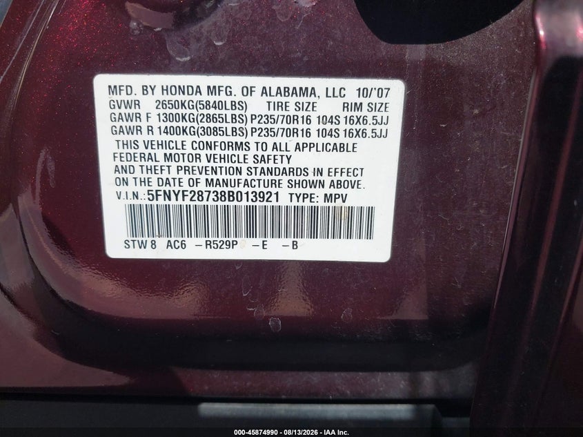 HONDA PILOT 2008 VIN 5FNYF28738B013921