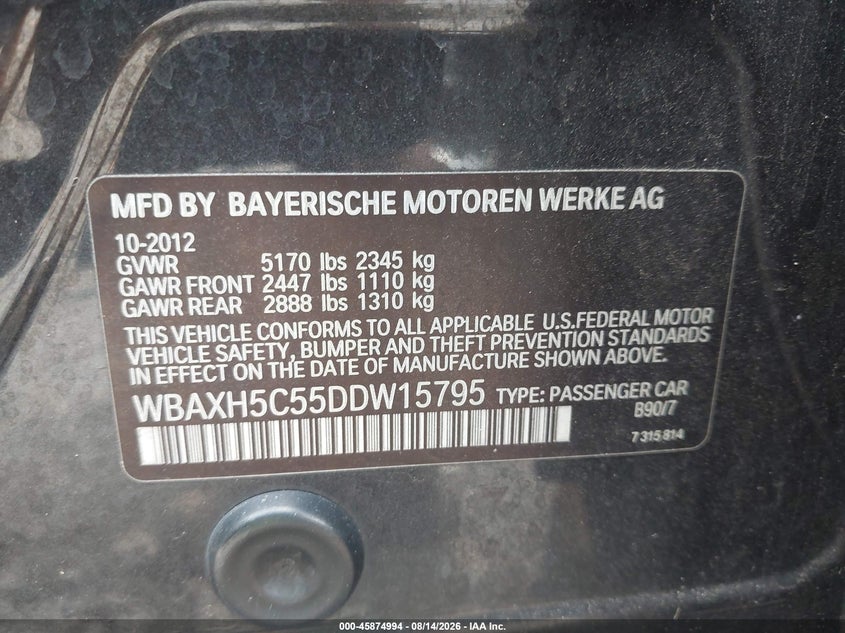BMW 528I 2013 VIN WBAXH5C55DDW15795