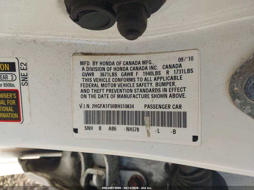 2011 HONDA CIVIC SEDAN 1.8L I-4 VVT, 140HP
