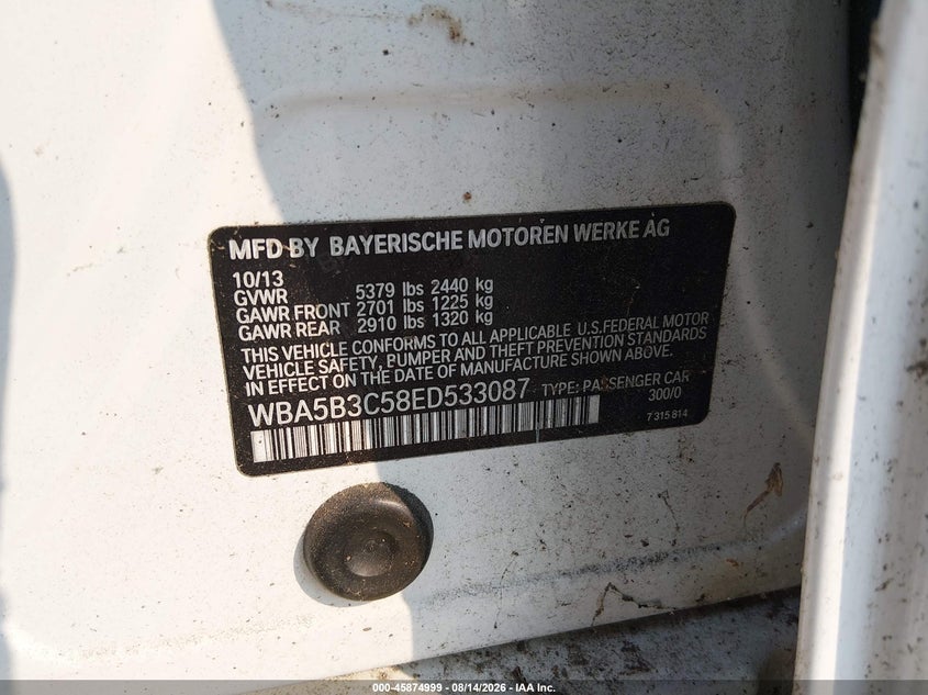 BMW 535I 2014 VIN WBA5B3C58ED533087