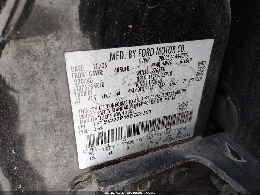 FORD F-250 2006 VIN 1FTSW20P16EB55359