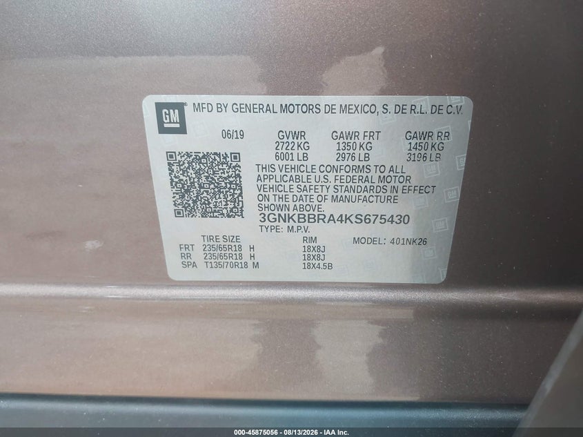 CHEVROLET BLAZER 2019 VIN 3GNKBBRA4KS675430