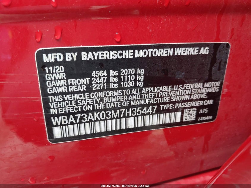 BMW 228I GRAN COUPE 2021 VIN WBA73AK03M7H35447