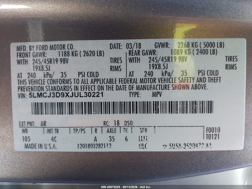 LINCOLN MKC 2018 VIN 5LMCJ3D9XJUL30221