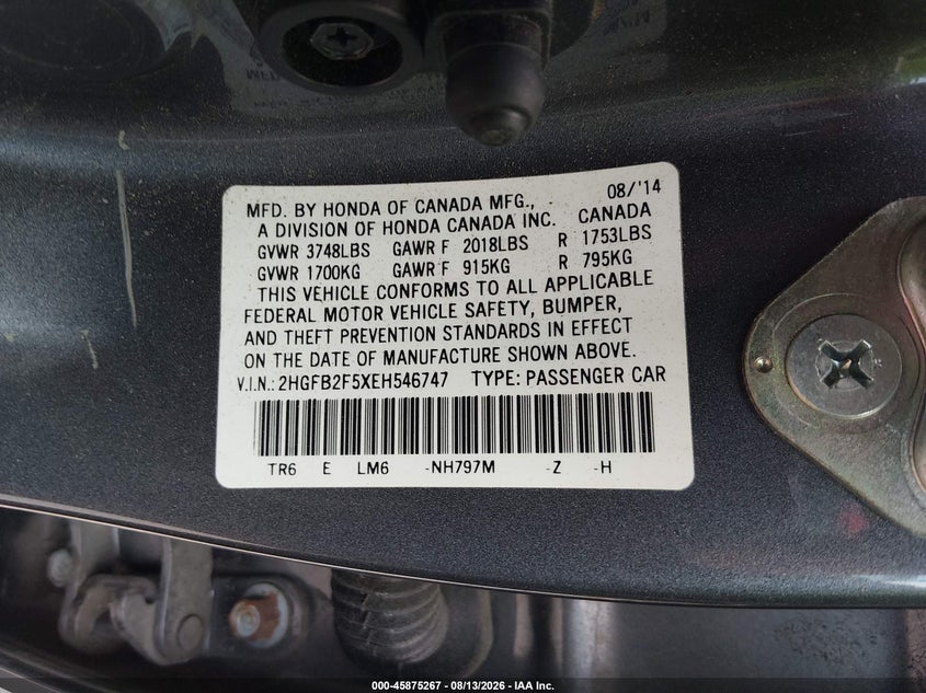 2014 HONDA CIVIC SEDAN 1.8L I-4 VVT, 143HP